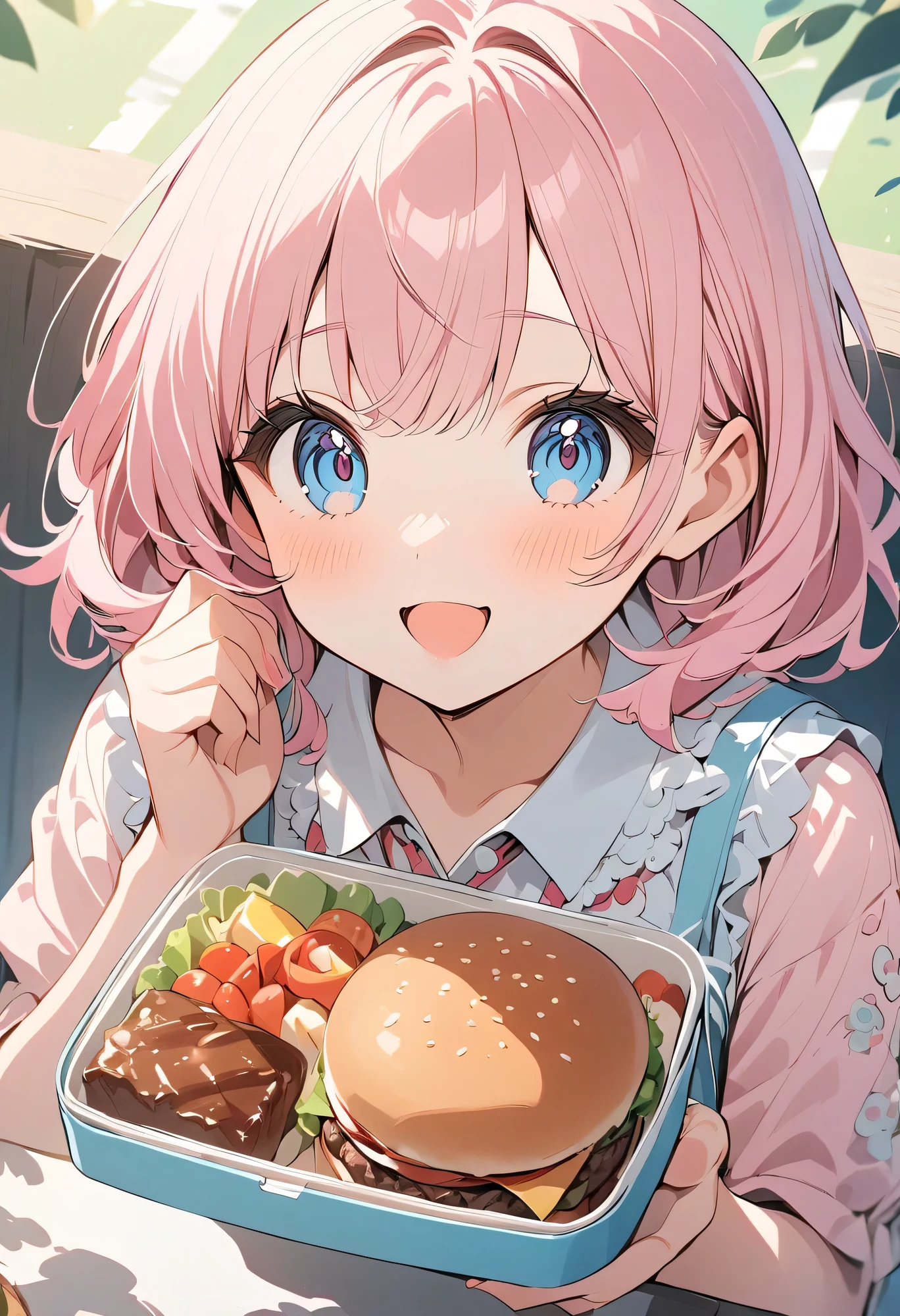 highest quality、High resolution、Detailed Background、Today is "Good Meat Day," so Mei, a second-year middle school student, got up early to make a lunchbox.It's been her dream to one day give a homemade lunchbox to her crush, Takuma."Okay, the heart-shaped hamburger is perfect!" Mei closed the lunchbox with a satisfied look on her face.
During lunch break, she called out to Takuma with a pounding heart, "Takuma, um... today is good meat day, so... please try this!" She handed him the lunchbox.
Takuma was surprised for a moment, but then he smiled and took it, saying, "Thanks, Mei. The hamburger is really good." It looks delicious!"
Mei's cheeks are red as she watches Takuma take a bite. "Mm... it's so delicious! Mei, you're a good cook!"
Mei's heart beats faster. "Really? I'm glad... but I was thinking the heart shape might be a little embarrassing..." Takuma then laughs shyly and says, "No, I'm really happy about the heart shape. In return, I'll treat you on the next good meat day!"Mei's heart feels warmer than a hamburger steak. She can't wait for the next "good meat day".