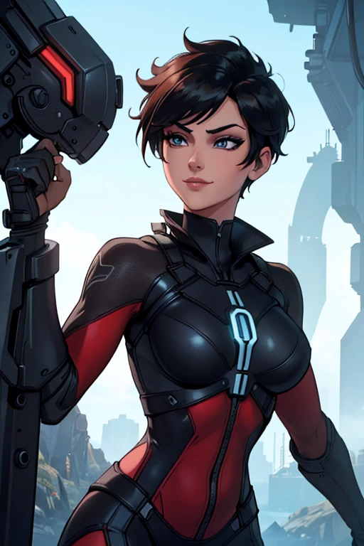 (artwork, Best quality, absurd, 4K, aesthetics, perfect eyes, perfect face, detailed, intricate, Perfect Lighting) 1 girl with fair skin, short hair thrown to the dark left side, wears a red and black futuristic bodysuit, heroine, queen of an alien race, warrior, gentle smile