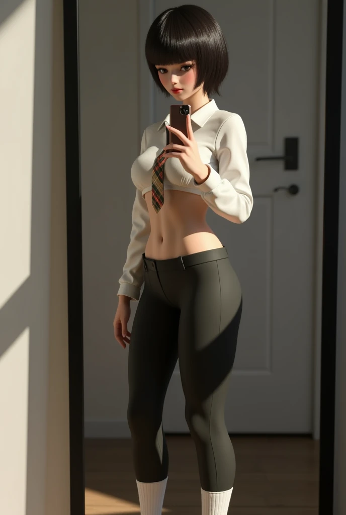 3D Render, 3D Model, of a beautiful skinny girl, ((butt mirror selfie)), short hair, wearing a white shirt, with black pants, shirt collar, with plaid tie, with socks, window light with deep shadows, background, wide hips and small waist, flux, round ass, stylized body, giant ass