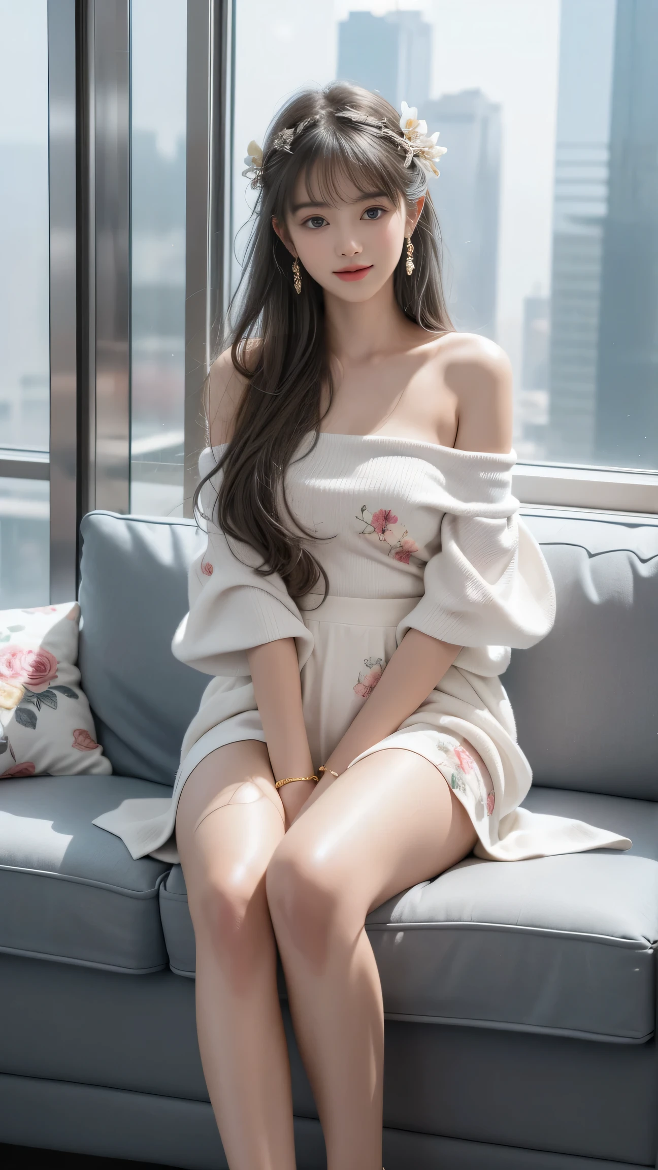 ((A girl standing on the sidewalk in an office district)), silver hair, bangs, 鈍いbangs, long straight hair, aqua eye, long eyelashes, Solid Circle Eye, compensate, open your mouth, blush, parted lips, bright pupils, smiley, enchanting smile, shine, surrealism, modern、black pantyhose、high heels、((pure white dress、floral dress、、off shoulder、: 1.6))、Skyscrapers are hazy in the window4、((my skirt flies in the wind)),((close your eyes))、((yawning being)),((I can see T-back pants))