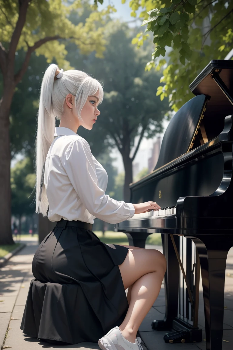 superior quality, many details, detailed face, realistic, young girl with white hair and ponytail is playing piano in the park, she is wearing high platform shoes, skirt and bottom down shirt, she is muscular and a bit fat