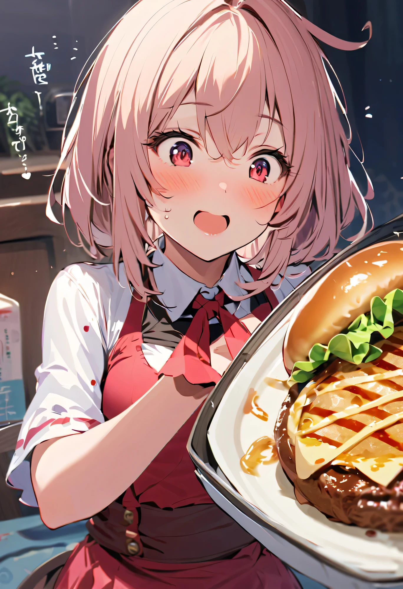 In one girl、fun、High school blazer with popular design、shirt、pleated skirt、white skirt、（small breasts ) restaurant ,short hair, black eyes happy with people in background eating 