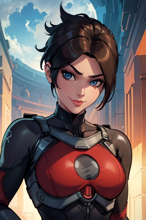 (artwork, Best quality, absurd, 4K, aesthetics, perfect eyes, perfect face, detailed, intricate, Perfect Lighting) 1 girl with fair skin, short hair thrown to the dark left side, wears a red and black futuristic bodysuit, heroine, queen of an alien race, warrior, gentle smile