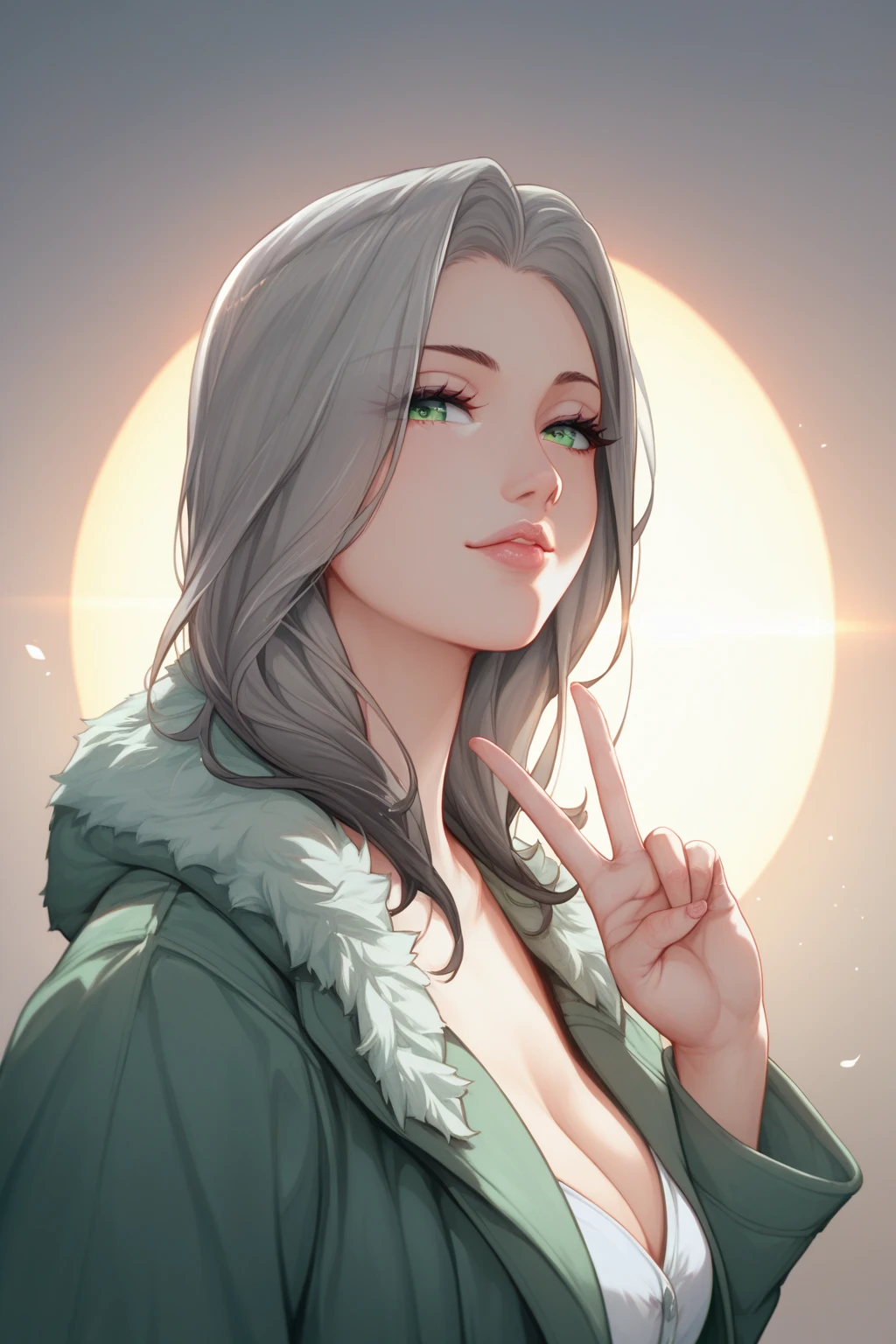  score_9,  score_8_up,  score_7_up,  1 girl,  look at the viewers, v ,  Detailed Beautiful Eyes ,  dark grey hair,  Widows Peak  , Green Eyes, chest,  light gray duffle coat,  side lighting over the mouth ,  bridge ,  fisheye lens 