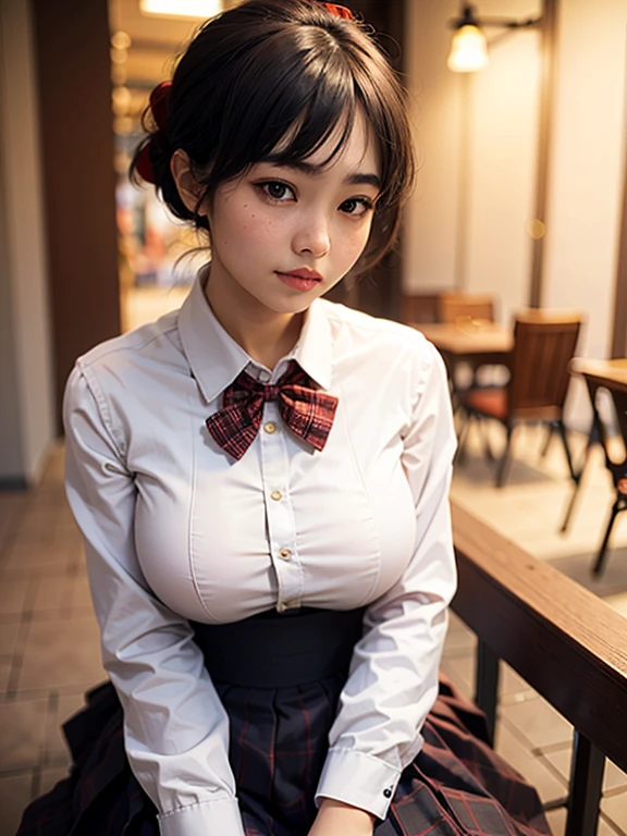 big breasts , thai school girl , skirt dark red , plaid skirt , pleated skirt , red knot , red bow