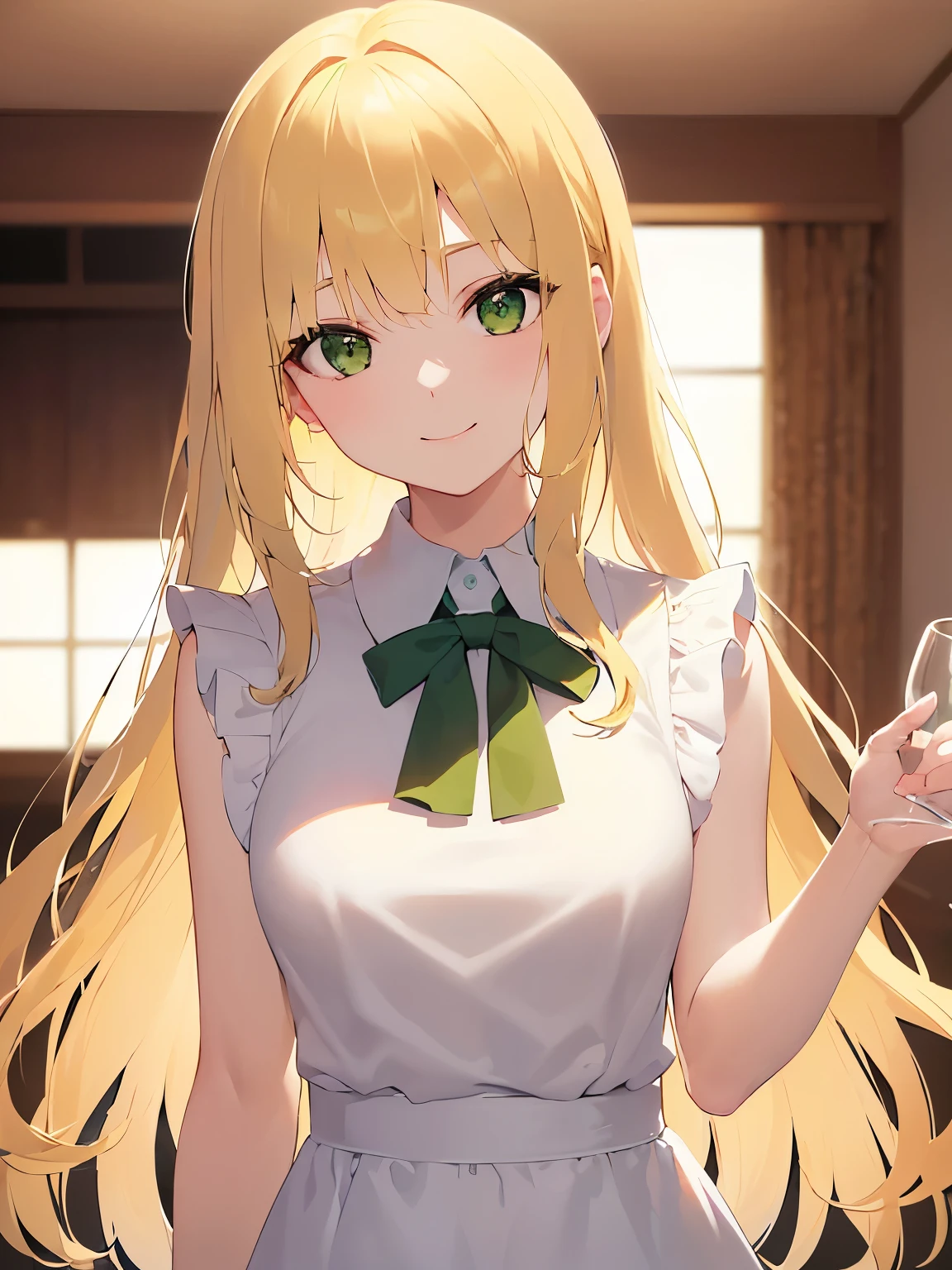 Anime girl with long blonde hair and green eyes holding a glass - SeaArt AI