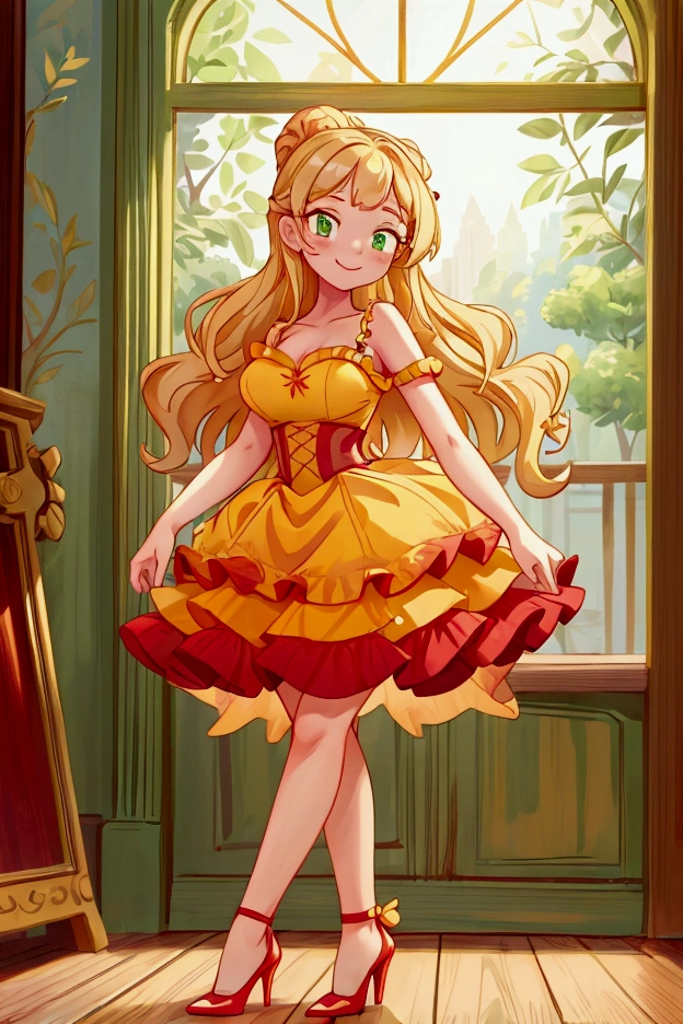 (Masterpiece, best quality) 1 girl, standing indoors with intricate details and sunlight, red and yellow frilled dress with short neckline, red heels, blonde long hair, green eyes, sexy smile, sexy pose, coquette, beautiful long legs, mature teen girl, gorgeous body, pronounced breasts.