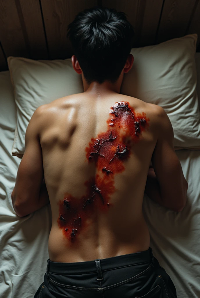 Scrawny and thin man laying in a hospital bed face down. he is laying on the front, he has fresh stitches all along his back. On the tables next to him are his removed spine bones. the whole spine skelet is on the table, no other bones. stitches are on the back and oozing blood.
