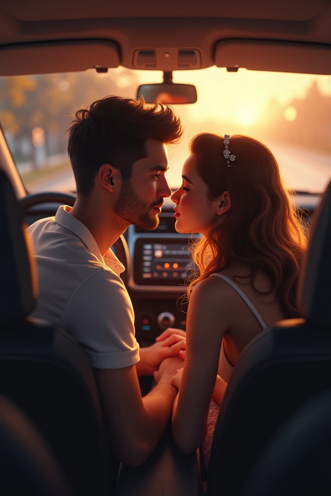 The boy is siting in the car holding hilding his girlfriend. The girl is sitting on the boy's lap. Make a image fromm the fron 