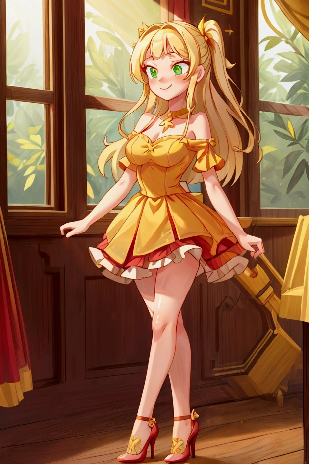 (Masterpiece, best quality) 1 girl, standing indoors with intricate details and sunlight, red and yellow frilled dress with short neckline, red heels, blonde long hair, green eyes, sexy smile, sexy pose, coquette, beautiful long legs, mature  girl, gorgeous body, pronounced breasts.