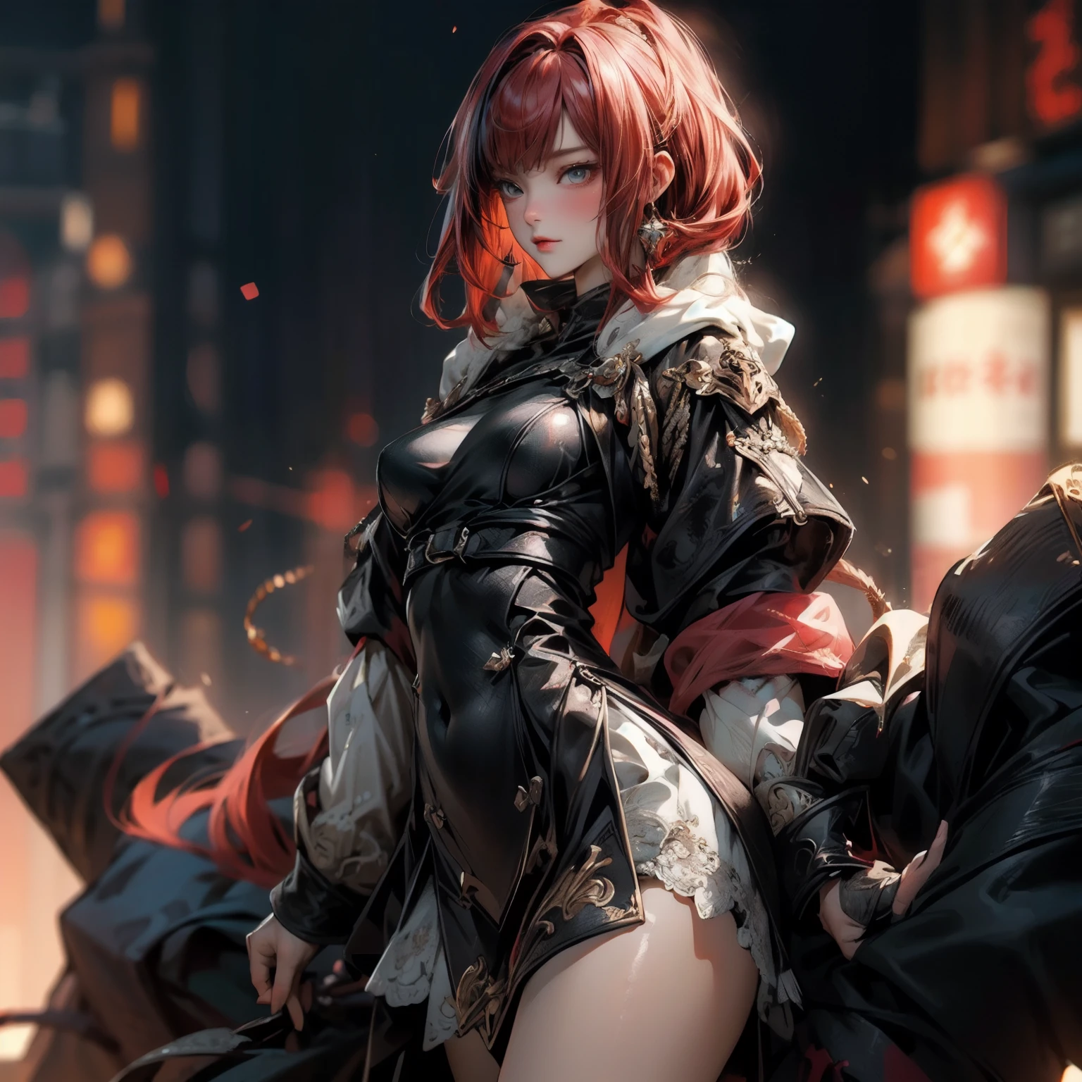 ((best quality)), ((Masterpiece)), ((Enrich the picture,Masterpiece level quality)), ultra background details, an image of a beautiful cyberpunk woman, mature woman, fierce woman, fantasy theme, hips up, fantasy, ((red hair, cutainbangs)), beautiful golden eyes, super eyes details, จมูกโด่ง, ปากแดง, หน้าอกใหญ่, perfect proportions, ultra detailed, volumetric lighting, soft lighting, glossy skin, intricate golden embroidery, ต่างหู, slender fingers, close up face, sexy black mini skirt, sexy red mini bikini, holy paladin, heavy paladin armor, แขนตรงแนบลำตัว, Night city, soul