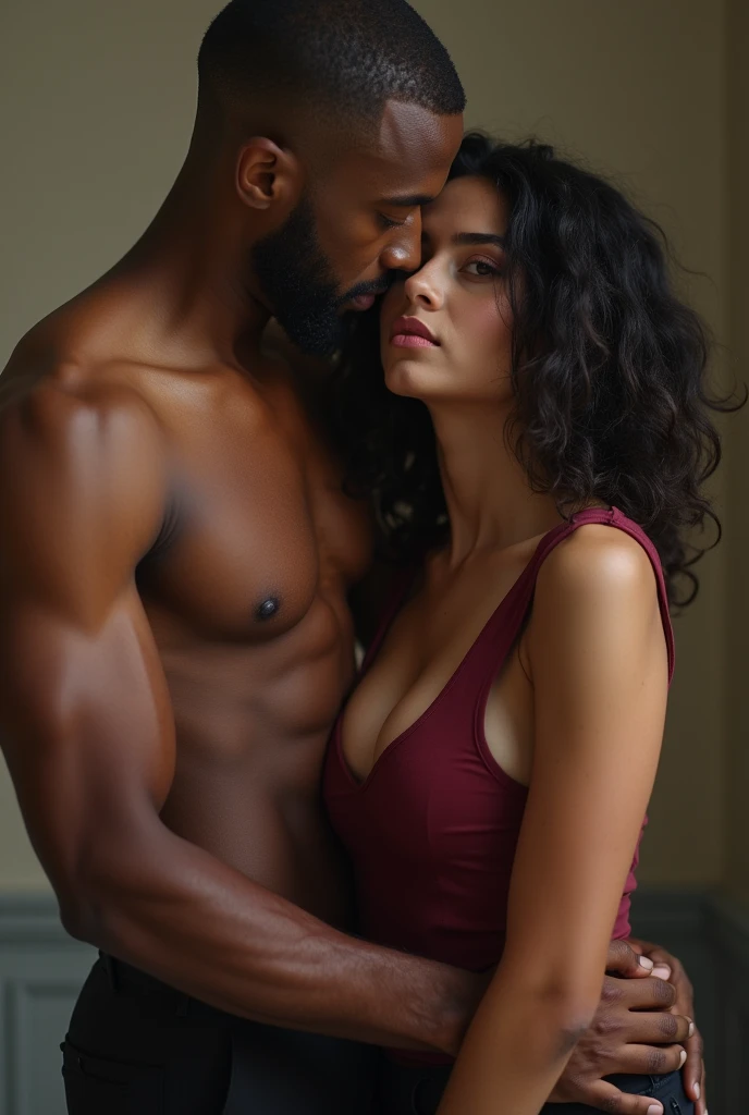 Very tall French-Nubian featured male model, relaxed curled hair style parted to the side hair, toned body, dark skin, vibrant purple eyes, tall thin toned body. Kind expression, standing behind a shorter woman, very pale skin, vibrant blood-red-maroon tussled wavy side-parted hair, that reaches to her sternum, black bra and black panties. Her expression is amused. Inside a classical French bedroom, canopy bed, low lighting.