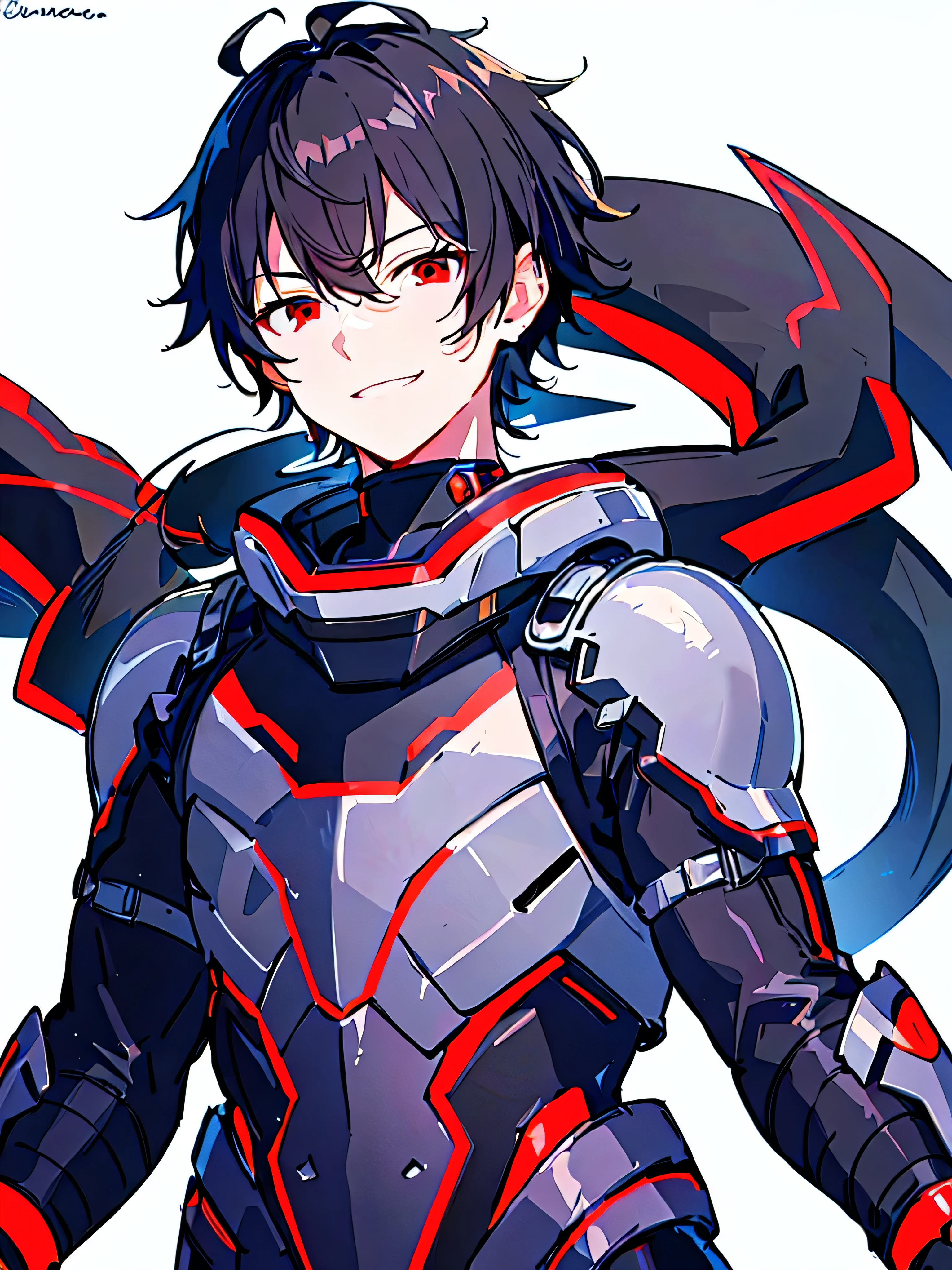 [(WHITE BACKGROUND:1.5),::5], ((masterpiece)), high quality, ultra very high resolution, full color, ((solo)), ( boy), Black cyborg armor, (ORCA armor), ((ORCA mechanical tail)), ((men's Black Short hair)), (Red eyes), anime, ((upper body)), neon light, (evil smile), awakening