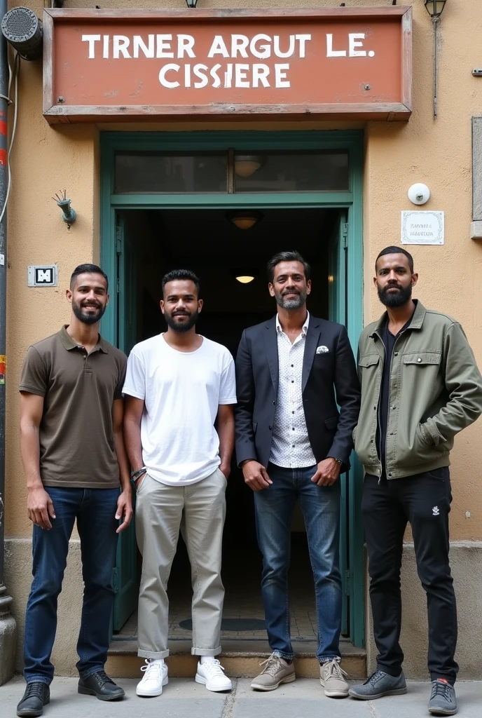 four men standing in front of a building with a sign behind them, casually dressed, taken in the early 2020s, ney matogrosso with malice, edited, trending artwork, background, various posed, from left, masterpiece', group photo, in style of davey adesida, exclusive, black stars, f 2, f2