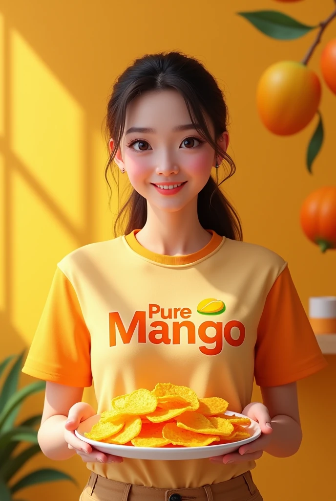 beautiful Korean woman wearing a hijab, wearing a yellow crop top t-shirt that says DAUN BUNGKUS PAPUA, holding a large and long banana, at the end of the banana there is thick white melted milk, white background