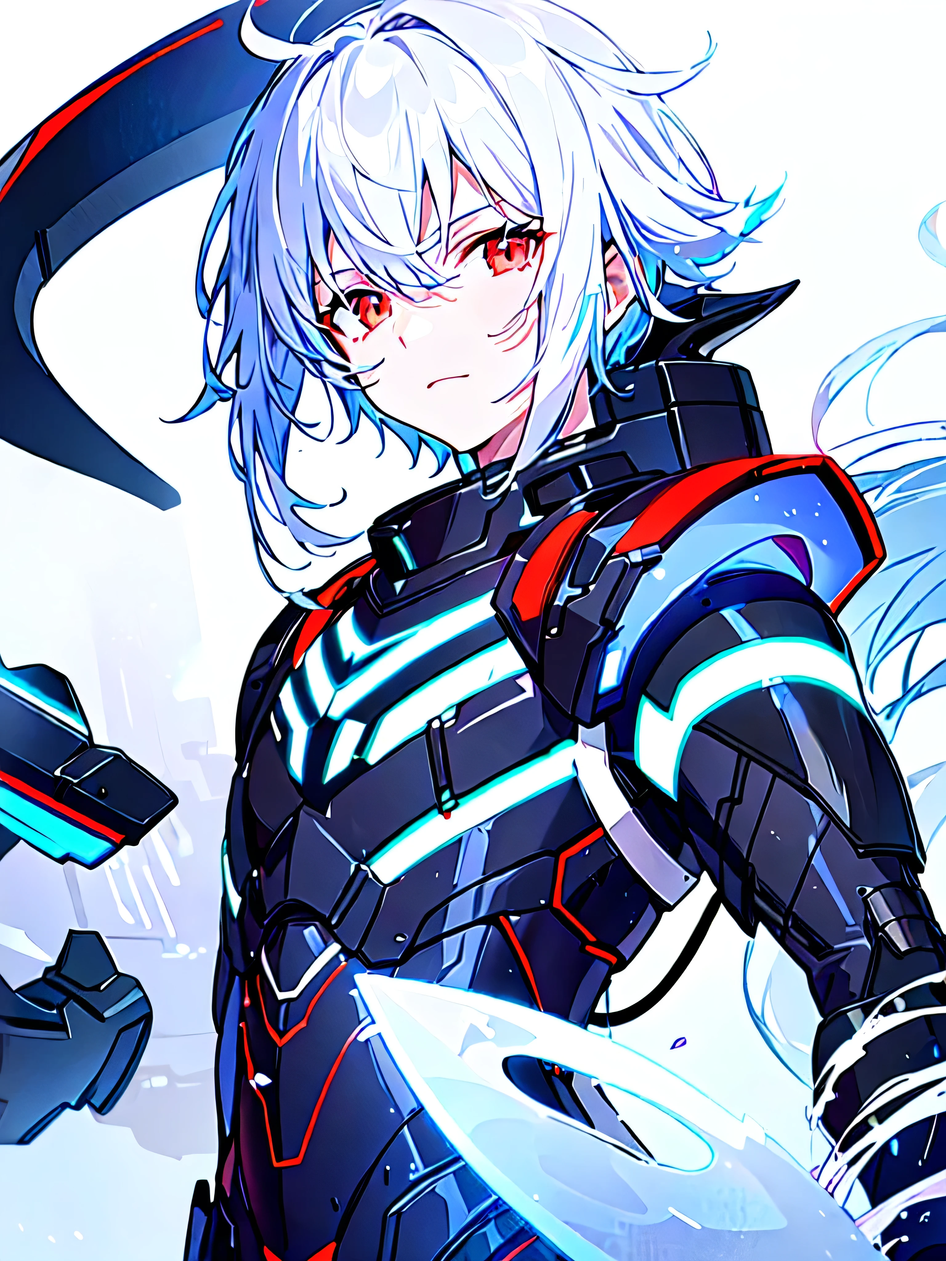 [(WHITE BACKGROUND:1.5),::5], ((masterpiece)), high quality, ultra very high resolution, full color, ((solo)), (( boy)), Black cyborg armor, (ORCA armor), ((ORCA mechanical tail)), ((men's White hair)), (red eyes), anime, ((upper body)), neon light, awakening