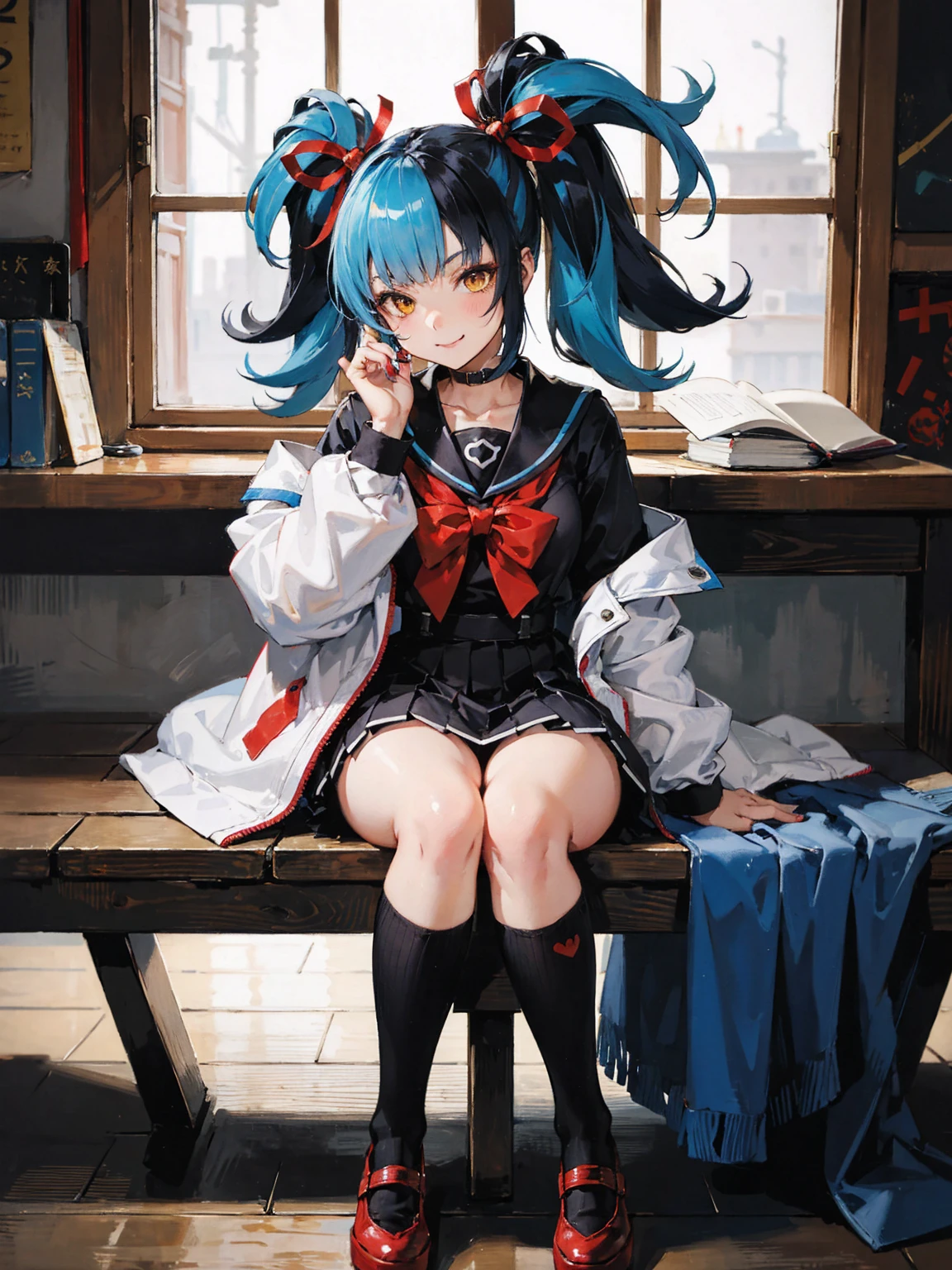 SeiShonagon,  one girl , Alone,  yellow eyes,  twin tails, Alone,  blue hair, multicoloRed Hair,  black hair, Red Hair,  jacket,  color, Seraph, sailor  color,  bow tie,  red ribbon , heart, Black socks,  Knee Socks , Red footwear,  nail polish breakage, upper body,Bright classroom,(Sit-in, legs), spreads legs, Evil Smiles , panchira , headrest, focuses on her crotch 