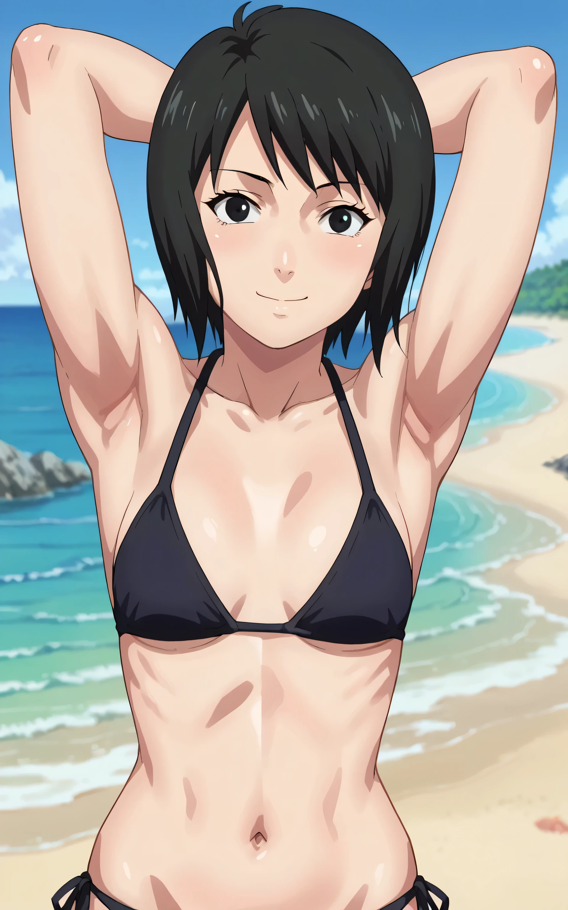 score_9, score_8_up, score_7_up, source_anime, anime screencap, 1girl, solo, shizune, mature, short hair, black bikini, side tie bikini, bellybutton , bare shoulders, bare arms, arms behind head, armpits, from above, looking at viewer, head towards viewer, smile, closed mouth, badhandv4, outdoors, day, beach, small breasts 