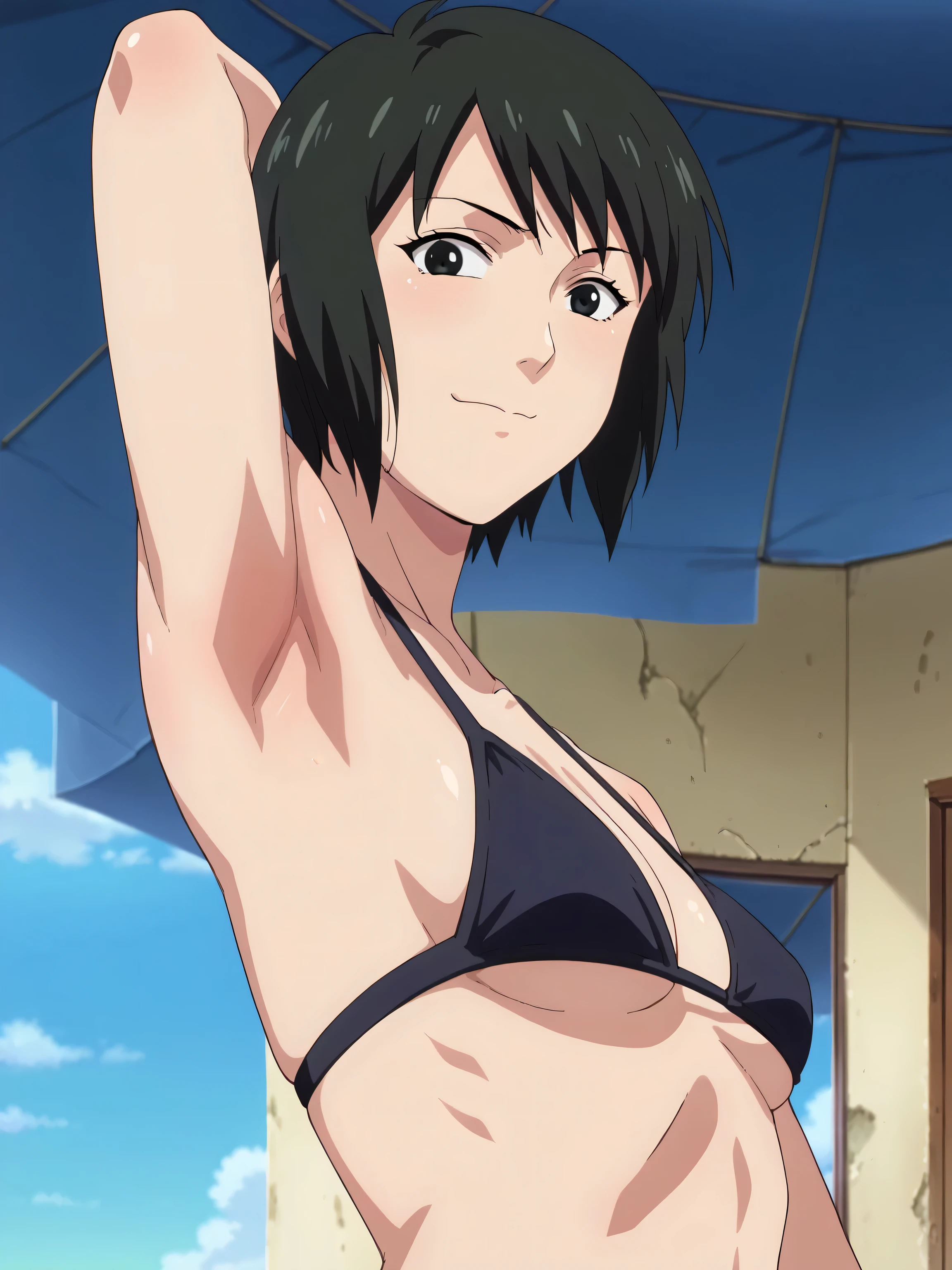 score_9, score_8_up, score_7_up, source_anime, anime screencap, 1girl, solo, shizune, mature, short hair, black bikini, bare shoulders, bare arms, arm behind head, armpit, from side, from below, looking at viewer, head towards viewer, smile, closed mouth, badhandv4, outdoors, day, beach, small breasts 