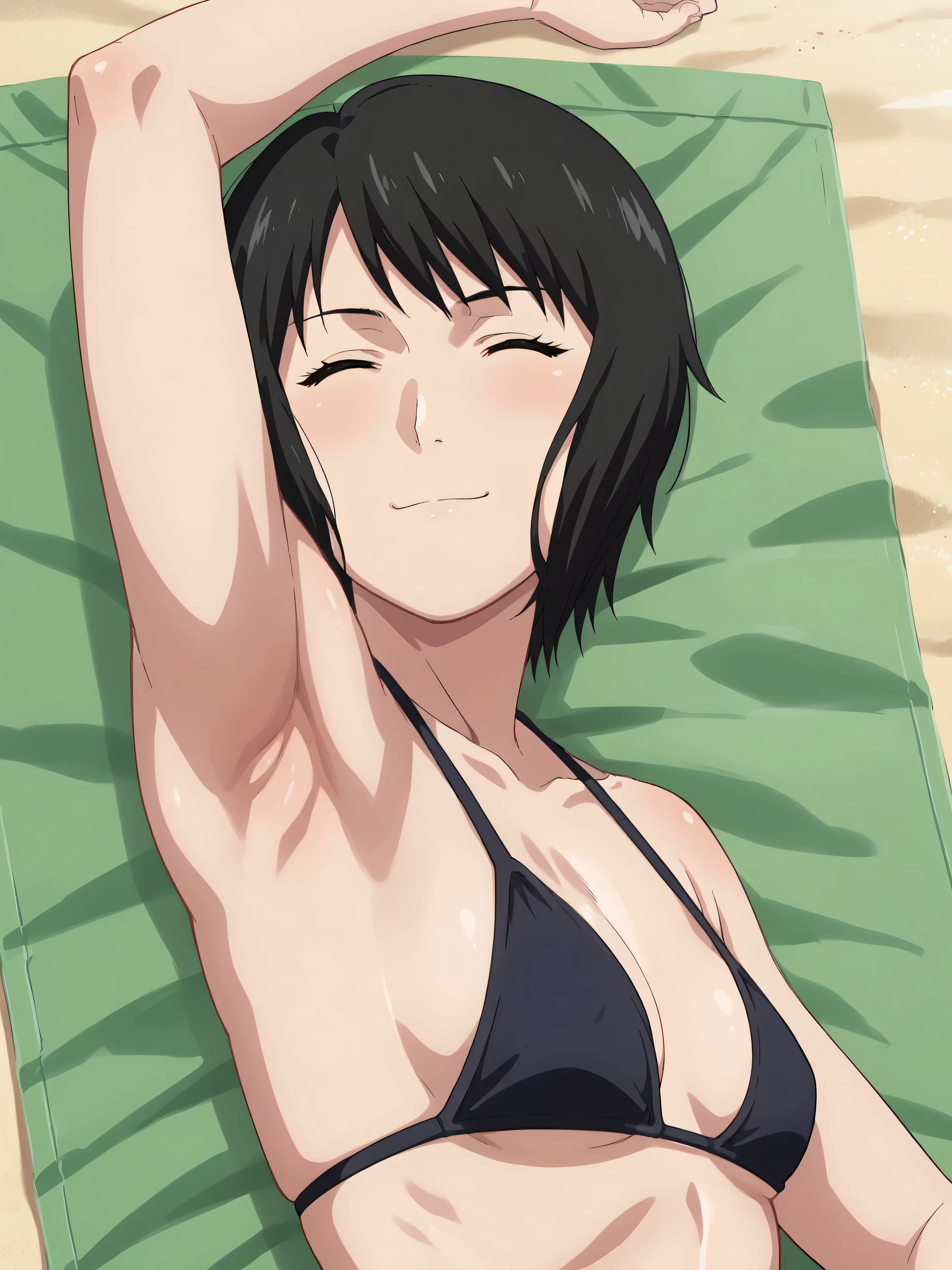 score_9, score_8_up, score_7_up, source_anime, anime screencap, 1girl, solo, shizune, mature, short hair, black bikini, bare shoulders, bare arms, arm up, raised arm, armpit, from side, lying on towel, (looking at viewer:1.2), head towards viewer, smile, closed mouth, badhandv4, outdoors, day, beach, small breasts 