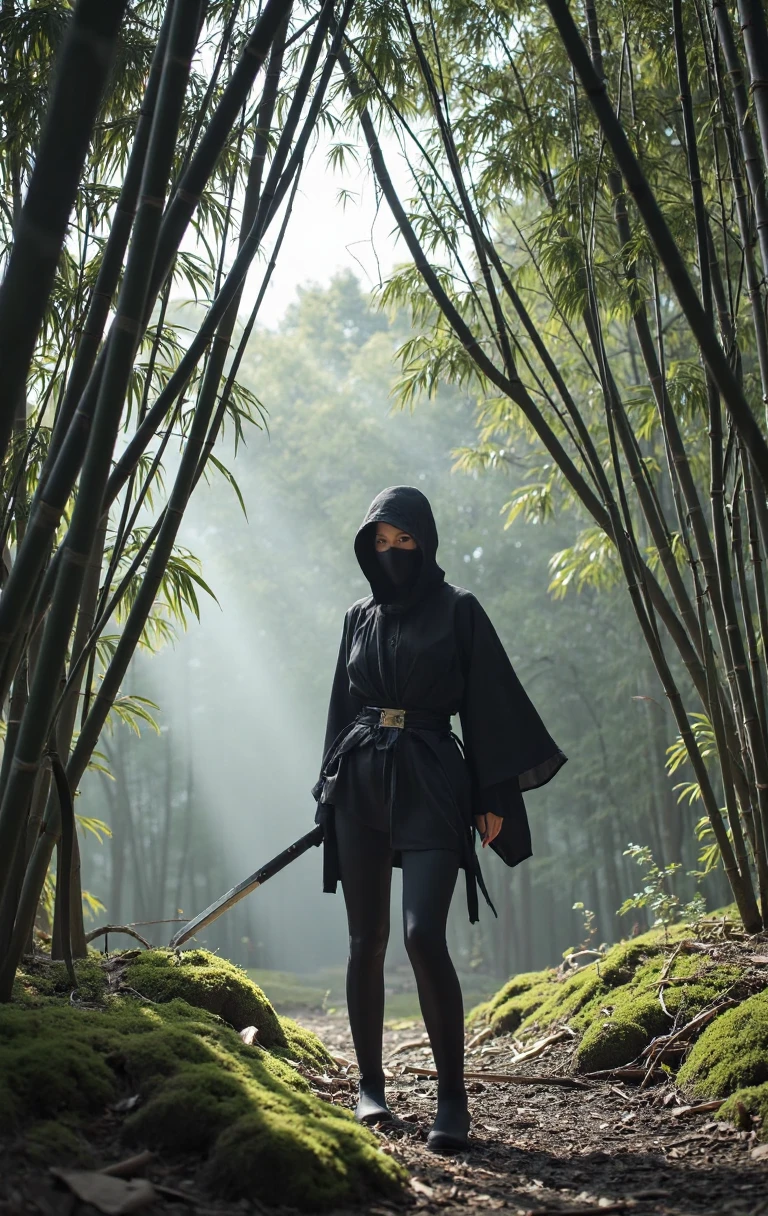 1girl, ninja in bamboo forest, detailed bamboo forest, highly detailed ninja outfit, detailed ninja mask, dynamic ninja pose, intense lighting, dramatic shadows, cinematic composition, hyperrealistic, 8k, ultra detailed, photorealistic, masterpiece