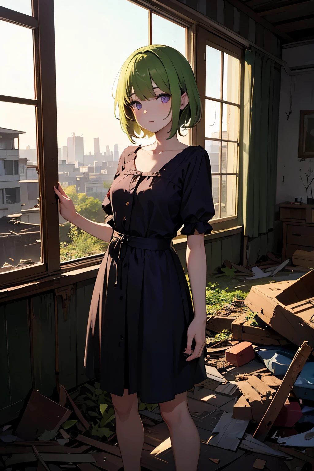Anime girl in a black dress standing in a room with a window - SeaArt AI