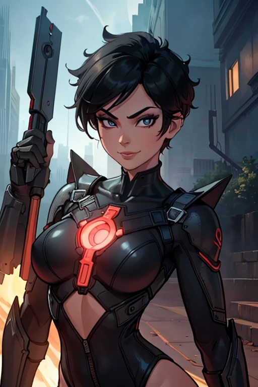 (artwork, Best quality, absurd, 4K, aesthetics, perfect eyes, perfect face, detailed, intricate, Perfect Lighting) 1 girl with fair skin, short hair thrown to the dark left side, wears a red and black futuristic bodysuit, heroine, queen of an alien race, warrior, gentle smile