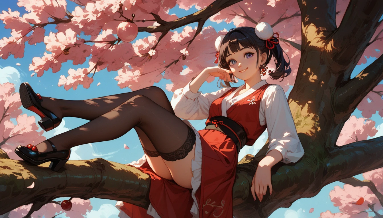 Under the warmth of a sunny tree's shade, a stunning mature woman was lying on her stomach on the lush green grass, book open in front of her. Her long black hair cascades down, partially obscuring the pages as she reads, exposing most of her chest adorned with a beautiful necklace and bracelets. Her red phoenix eyes sparkle, paired with bold red lips and subtle purple eyeshadow. The camera captures her provocative pose, raising her buttocks and slender legs to reveal her white jade-like toes and soles, adorned with a gemstone necklace. Her pleated blue skirt falls around her thighs, showcasing her school uniform-inspired attire, complete with a sailor collar and short sleeves. The background is blurred, focusing attention on the woman's striking features and provocative pose.three mature woman,A double ponytail,A mature female hairstyle,