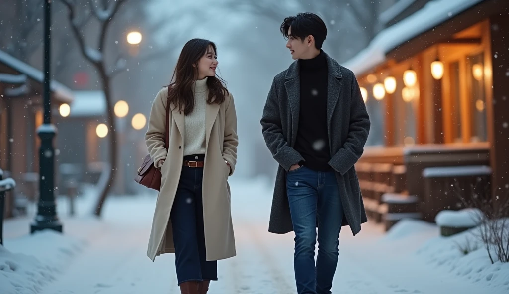 They walked hand in hand on the snowy streets,