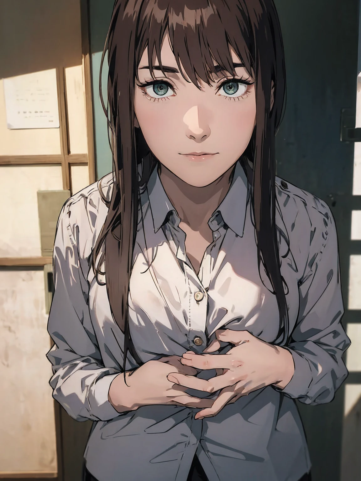 ( Front View ) Woman standing with her hands together in front of her chest, (Makima、 shirt,  ties, pants:0.5) (Realistic detailed face), ( high detail ), , Symmetrical face, Detailed Students, 's expressive eyes ,  Real Photos , Contemporary look, 
