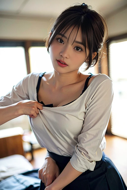 (Photorealistic:1.4, 8k), highest quality, masterpiece, Ultra-high resolution,Female teacher sitting on a chair、Melody of Shame、Small breasts、Peeking at the chest from above、Open neck blouse、Grey ultra-mini skirt、Confront me