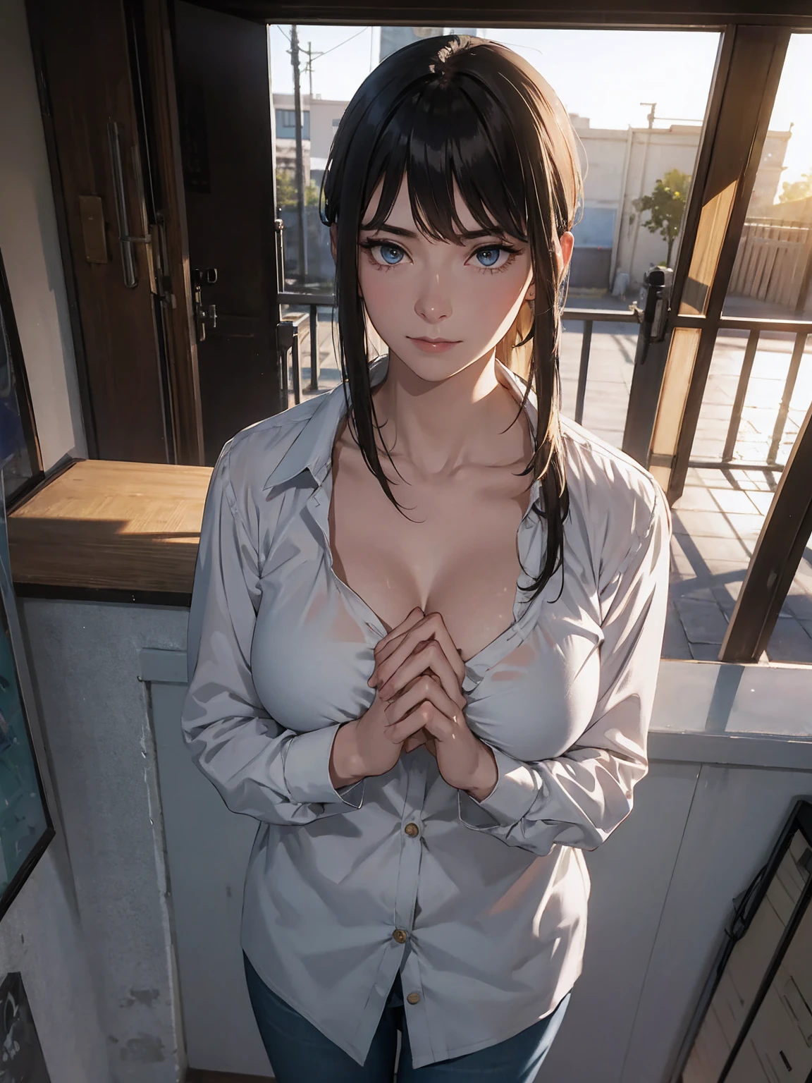 ( Front View ) Woman standing with her hands together in front of her chest, (Makima、 shirt,  ties, pants:0.5) (Realistic detailed face), ( high detail ), , Symmetrical face, Detailed Students, 's expressive eyes ,  Real Photos , Contemporary look, 
