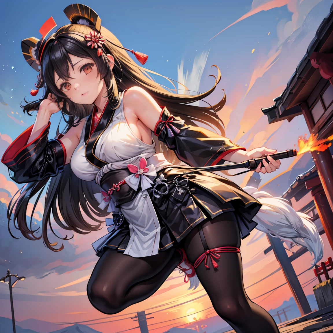 A black-haired woman wearing a shrine maiden outfit with slits in the legs holding a revolver　　Upper body fluttering　Thigh-high boots　Dark blue hair girl, Cat ears and tail, 　 body type　　Twin tails　　　　Flat Chest　　Butt details　Have a Gatling gun　Eyes like the sun