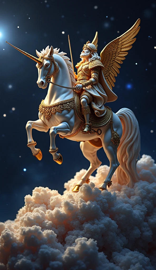 Classical constellation chart style, Greek mythology, a handsome, strong, young and naked male god is sitting on a gorgeous carriage flying in the clouds and mist. He has gorgeous golden ornaments and countless constellation-themed tattoos on his body, in a magnificent and painting-like black Night sky background, stars, moon, temple, clouds, full of details, masterpiece,