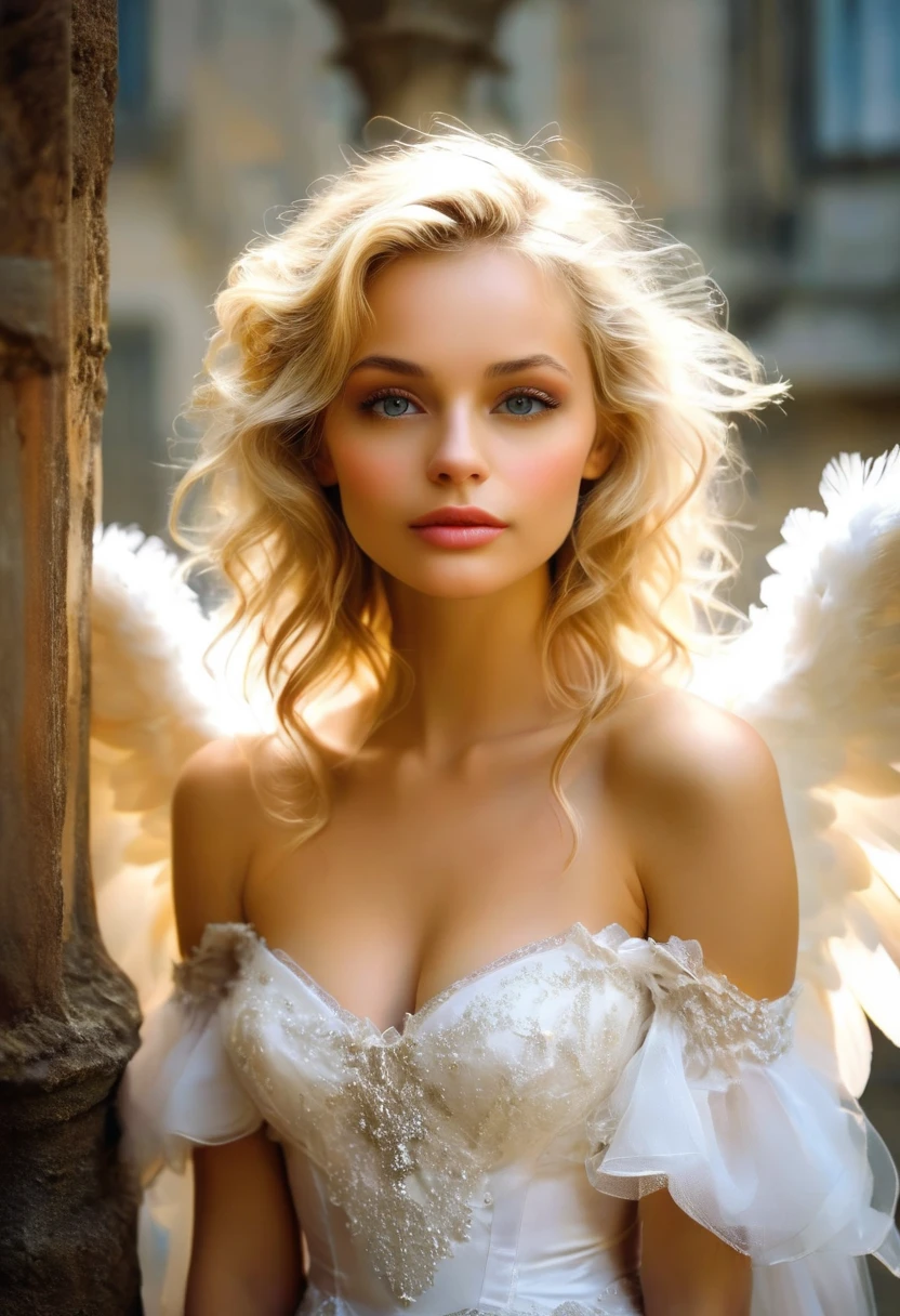 obraz biblijny Sexy and beautiful france short blond hairwoman with half of her body as an angel and the other remaining half as let&#39;s kiss,majestat boskośc lazurowe niebo, patrzy w dół
