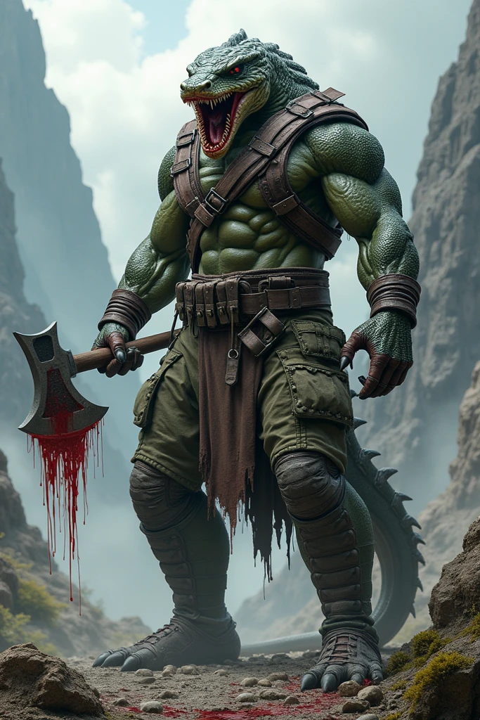 His skin color is off-green, he has a dragon skull on his head and he holds an axe in his hand like a viking