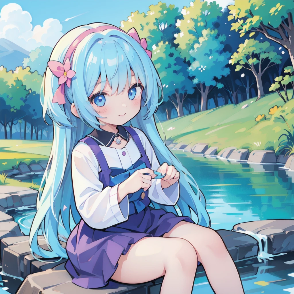 1girl, pretty face、Baby Face、((( dynamic best composition 、 super detailed、 best quality、 greatest masterpiece、 high definition、 perfect anatomy )))、 sitting beside the natural Nakagawa River and playing with fairies、Chibi、cute、smile、fun、like、