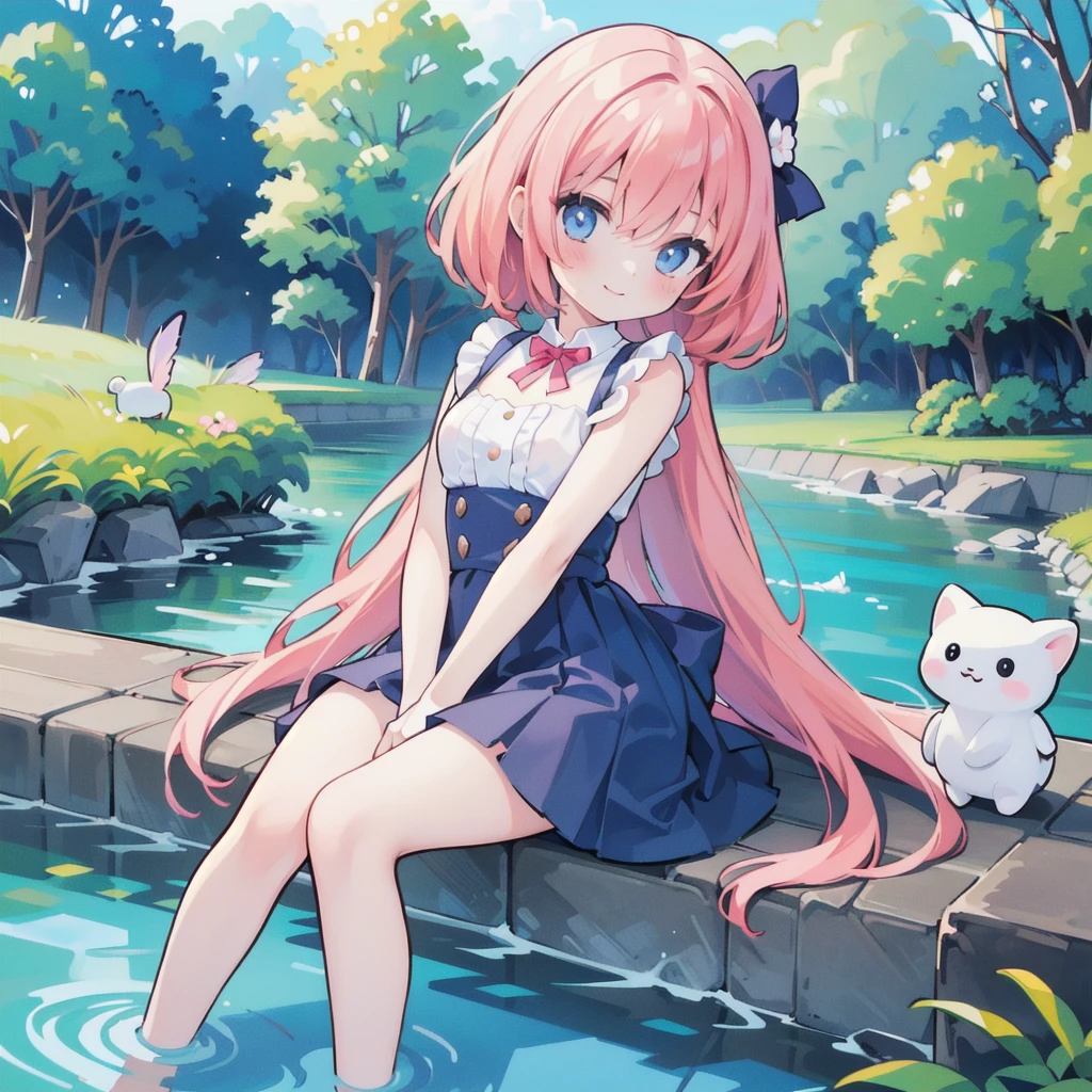 1girl, pretty face、、((( dynamic best composition 、 super detailed、 best quality、 greatest masterpiece、 high definition、 perfect anatomy )))、 sitting beside the natural Nakagawa River and playing with fairies、Chibi、cute、smile、fun、like、