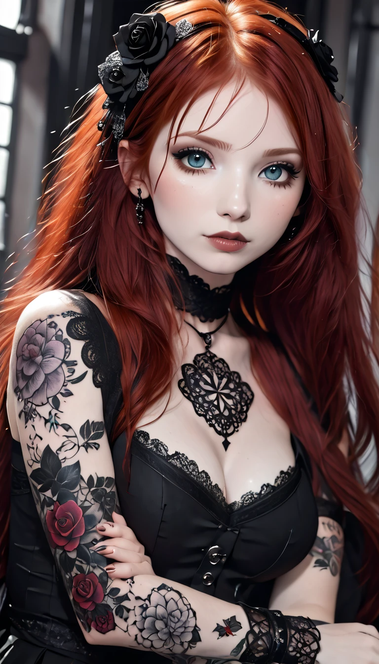 Gothic redhead with cute tattoo
