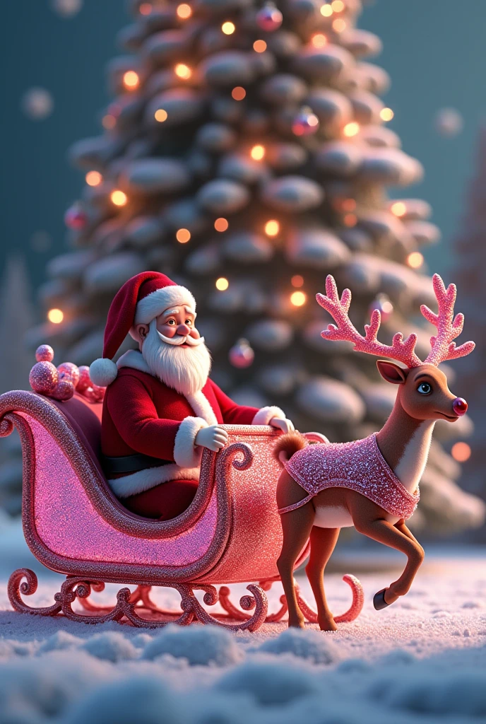 Santa is riding a large pink diamond sleigh in front of the Christmas tree, and Rudolph, with a pink diamond decoration on his body, is dragging the sleigh in front of him
