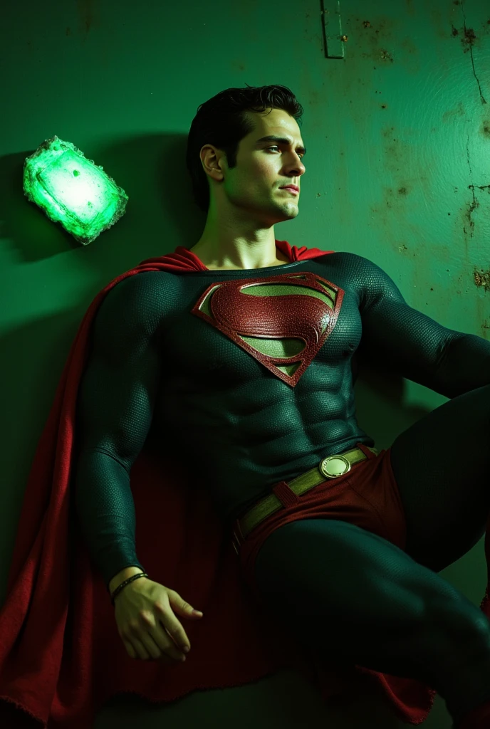 h3nr4, An attractive Superman is captured lying on the ground. he has a sexy and pained expression, his eyes are closed, suggesting that he is unconscious or incapacitated. He's trying to get up, his arm is outstretched. Near him is a glowing green crystal, probably kryptonite, that emits a bright light.