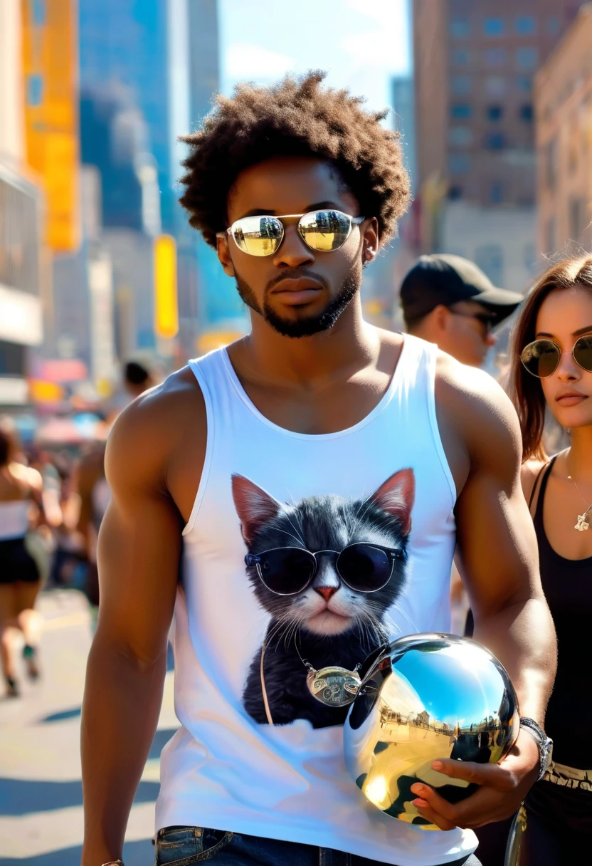  photorealism of a white man with shiny silver glasses  , czerwone afro na głowie .  black tank top with 3dxchat print and halo kitty characters .  goes towards the spectator sushniety  . tło brune pomieszcenie . ceglane odrapane ściany prezycmione swiatło /dirty 