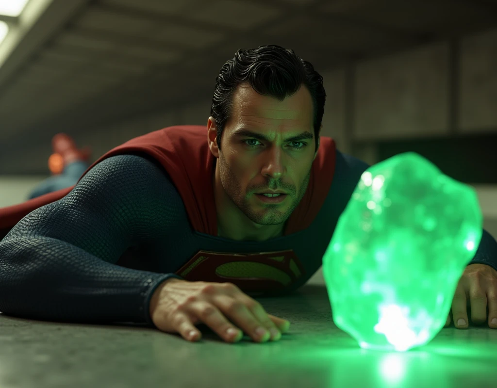 h3nr4, An attractive Superman, stubble beard, is captured lying on the ground. he has a sexy and pained expression, his eyes are closed, suggesting that he is unconscious or incapacitated. He's trying to get up, his arm is outstretched. Near him is a glowing green crystal, probably kryptonite, that emits a bright light.