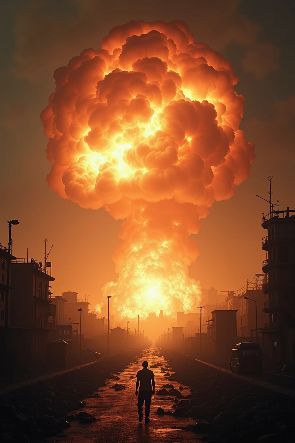 Explosao nuclear, predios, cidade, fogo, calor, poeira, nuvem, realista, hiper detalhado, particulas, 16K, obra-prima --auto --s2