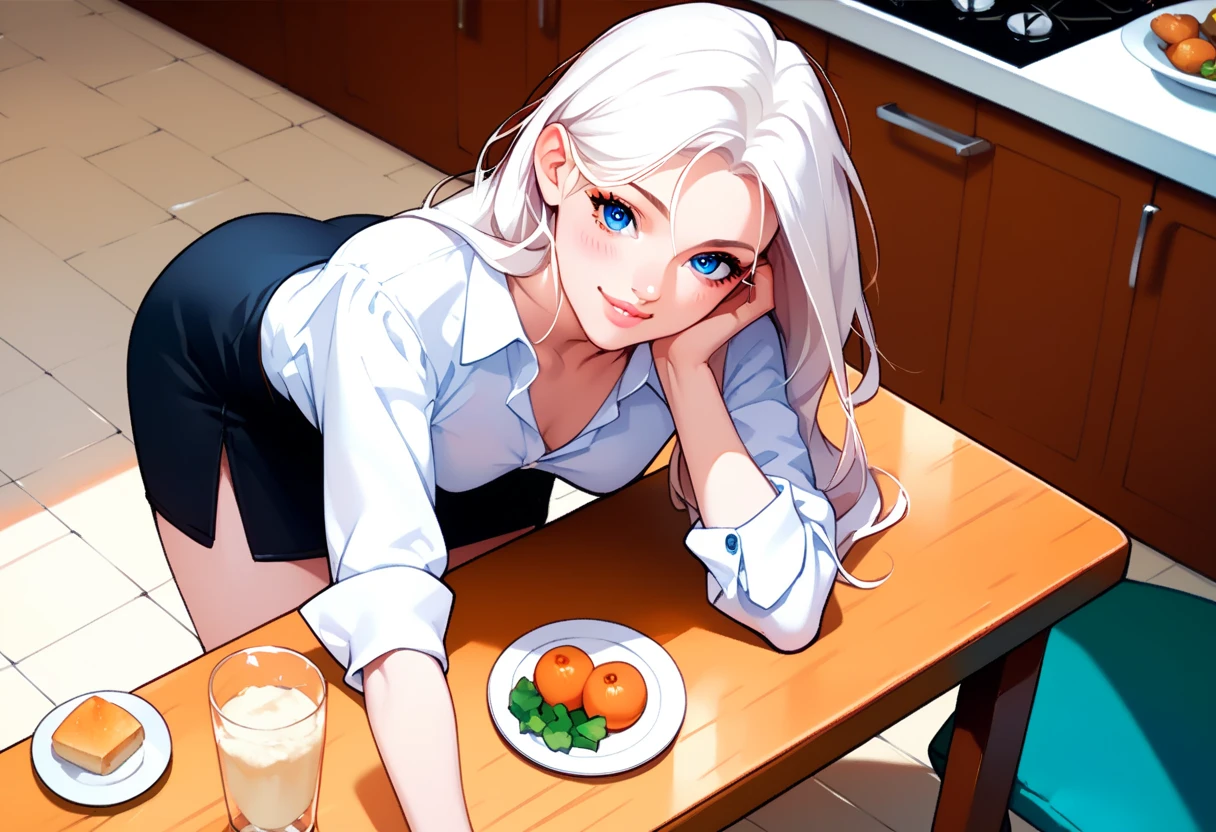 Adult female, 37 years old, long white hair, pale skin and light blush on cheeks, blue eyes, beautiful anime appearance sharp facial features, wearing white blouse, long black satin skirt. Top view. The scene is an expensive kitchen in a flat. Sits with her butt on the kitchen table. There are dishes on the table, a white tablecloth. One leg hanging down. Haughty expression, imperious smile, provocation.