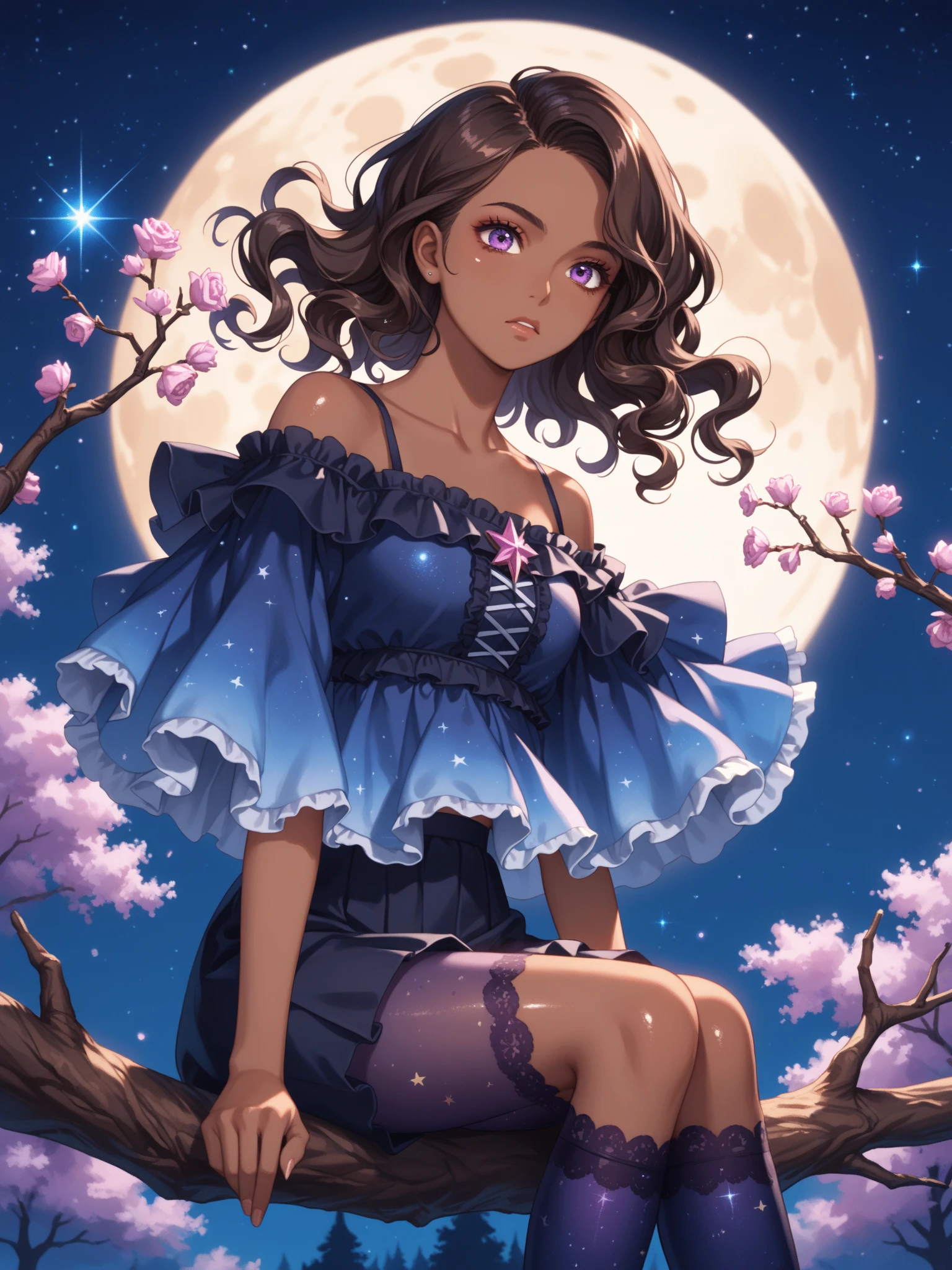 HDR , masterpiece , high quality , ultra details , standing , sexy pose , v cut short purple dress  , (thigh) , purple eyes , cute face , short purple hair , detailed person quality , , smile and blush, (garden filled with purple butterflies) , ((night with moon)), purple flowers, soft light