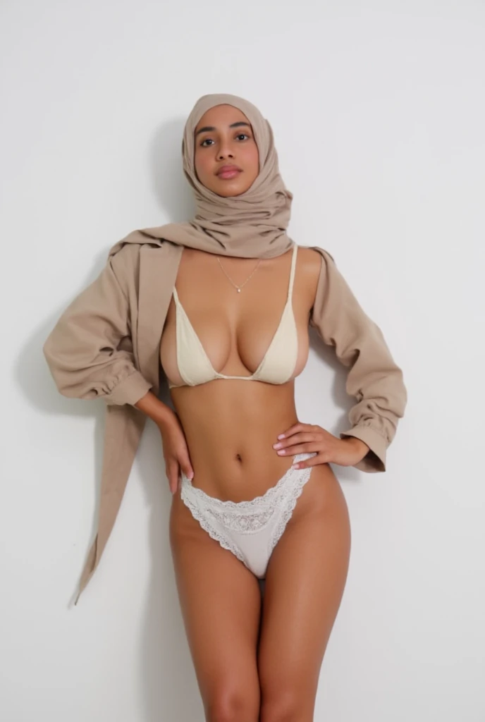 RAW photo,candid photograph, full body,photo of a beautiful,influencer,30yo Moroccan woman,black hijab, pale skin,detailed skin, naked, looking at viewer, chubby body structure,white background,no background, candid pose,blue light, film grain, kodak color, instagram LUT