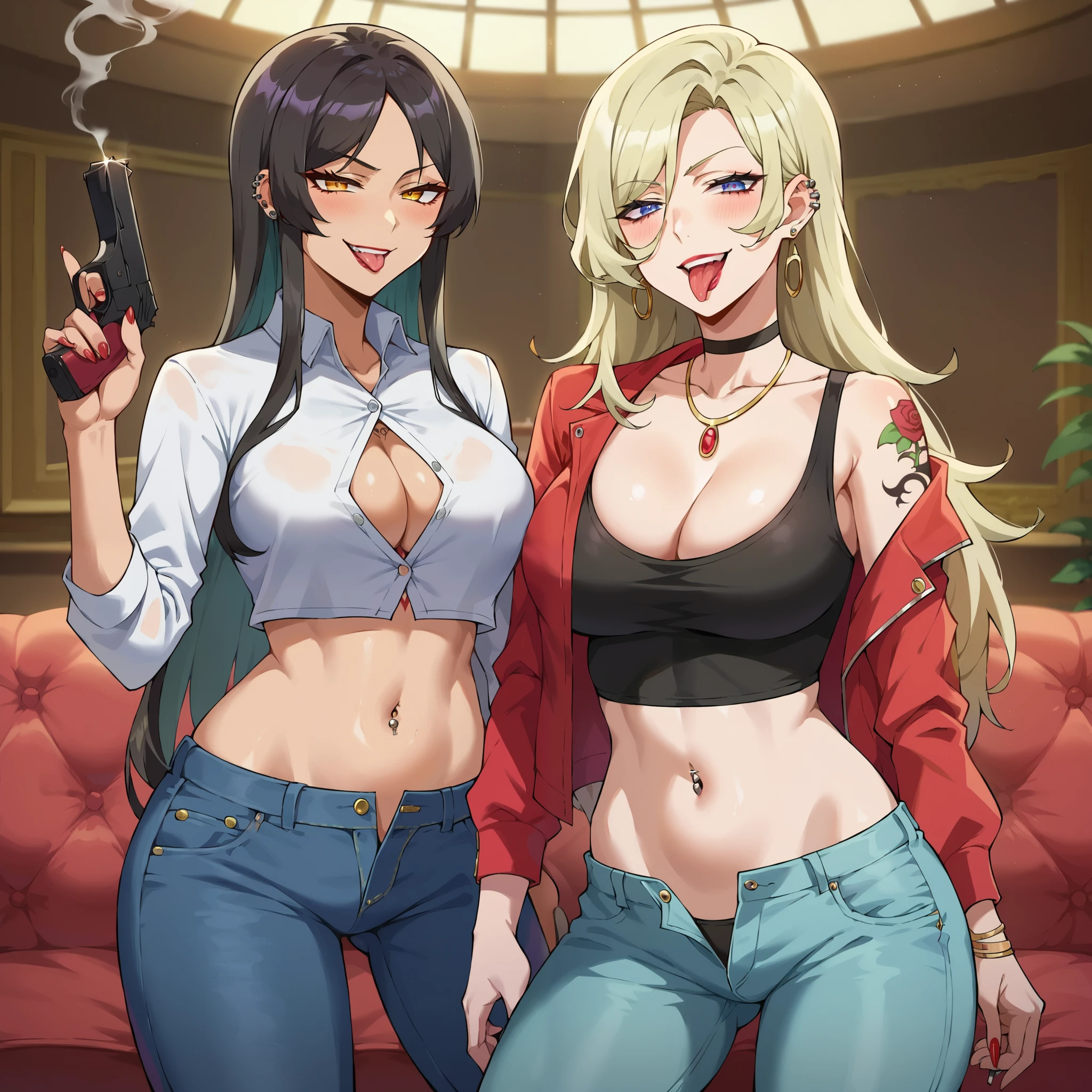 two girls, 2girl, evil smile, smug, smirk, anime coloring, unusually open eyes, ear piercing, long hair, blush, lipstick,Hot girl, baddie, smoking, sensual, attractive ,,bar background, inside bar,indoors, masterpiece,high quality,4k, bare
shoulder,belly,crop top,holding pistol,cleavage, unbuttoned shirt,shirt, knot, indoor,smile, open
mouth, (nsfw) not safe for work, evil expression, exposed belly, exposed navel, exposed midriff,
exposed lower belly, crop top overhang, underboob,jacket, unbuttoned jeans , low rise black jeans,
Low rise jeans, Low rise jeans with open fly, tattoo belly, tattoo on body, tattoo midriff, rose tattoo, navel piercing , shiny skin, , tongue out, 