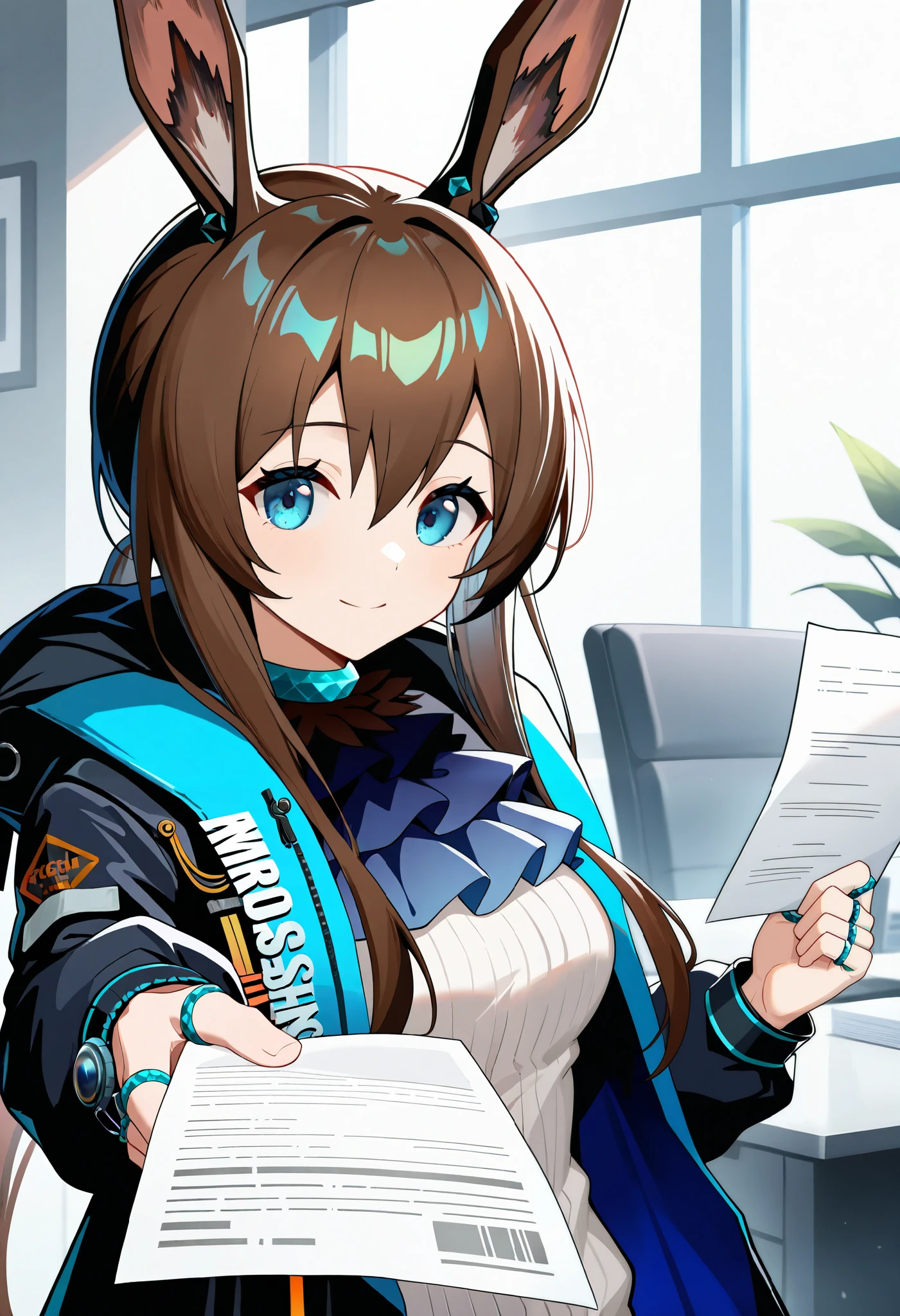 1girl, amiya\(arknights\), arknights, looking at viewer, medium breasts, rings, holding paper, reaching towards viewer, smile, office, bloom, masterpiece, best quality, very aesthetic, absurdres