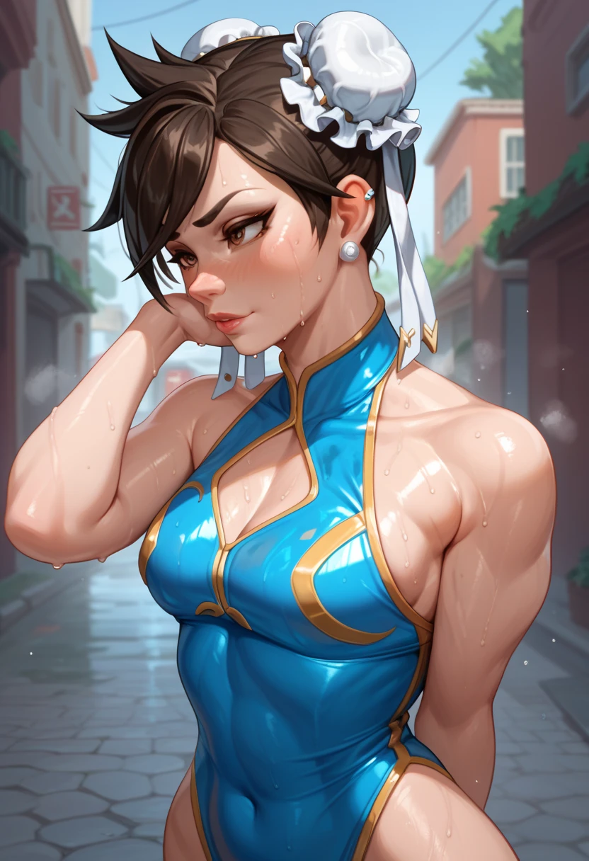 tracer from overwatch, wearing chun li dress, short hair, spiked hair, small breast, Female sexy, massive sweat, sweat covered body, moist skin, reflective skin, shiny skin, hot, hot weather, on the street in the alley, city background